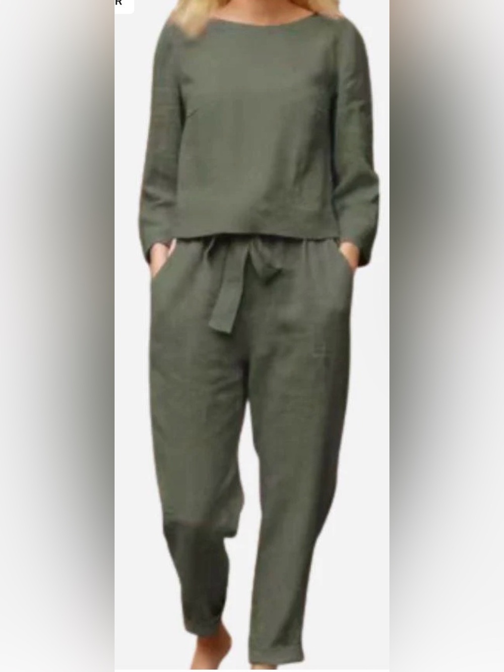 North Fashion, MONOCHROME LINEN TWO-PIECE SET in Army Green - Size Small